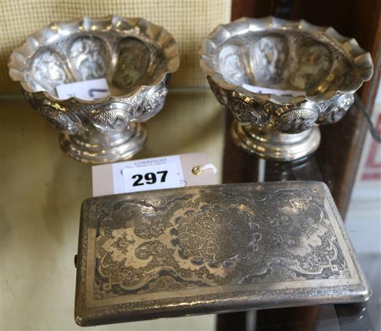 Pair Indian silver bowls and a cigarette case